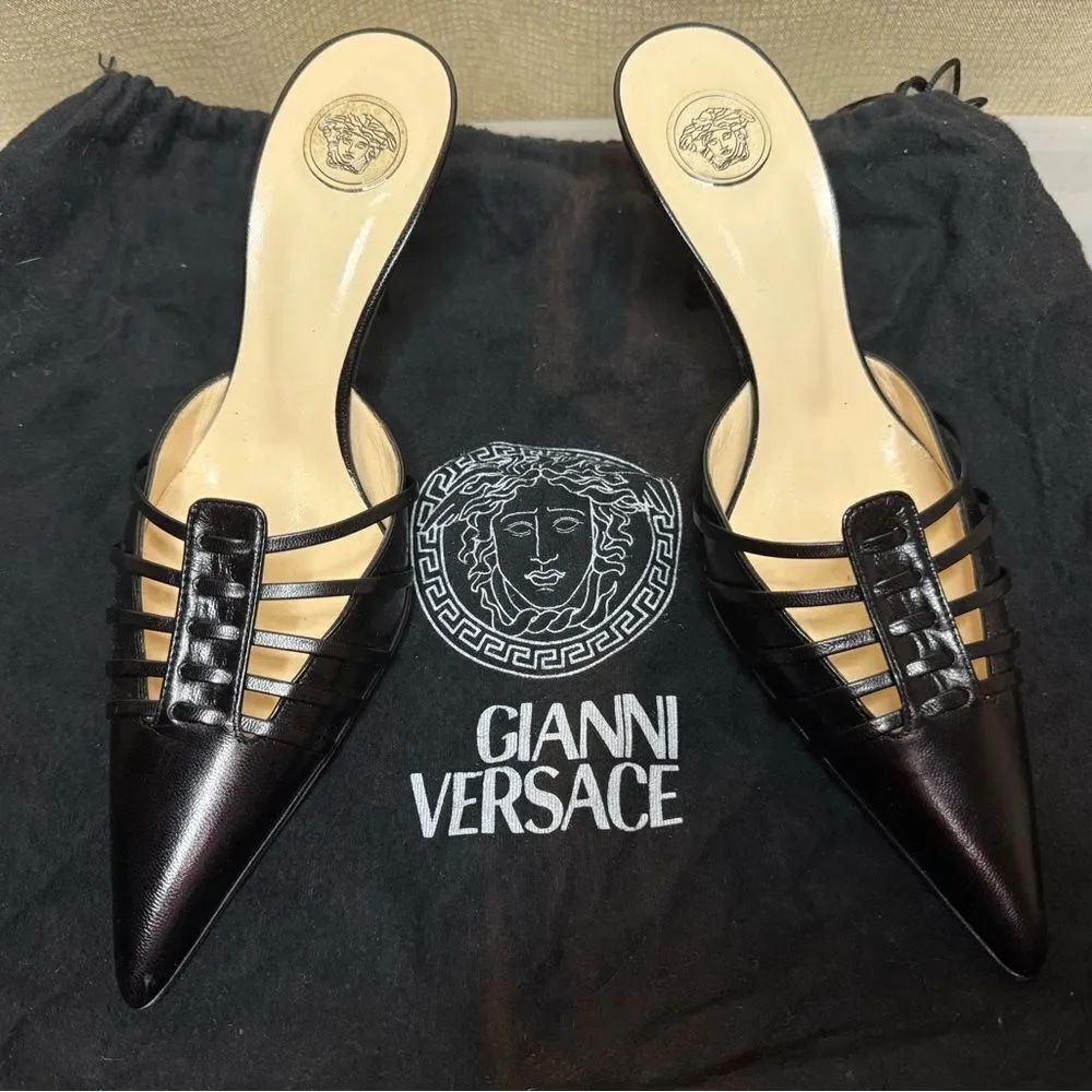 Versace by Gianni Versace Black Leather Mules Cut Out Heels 37.5 Vintage